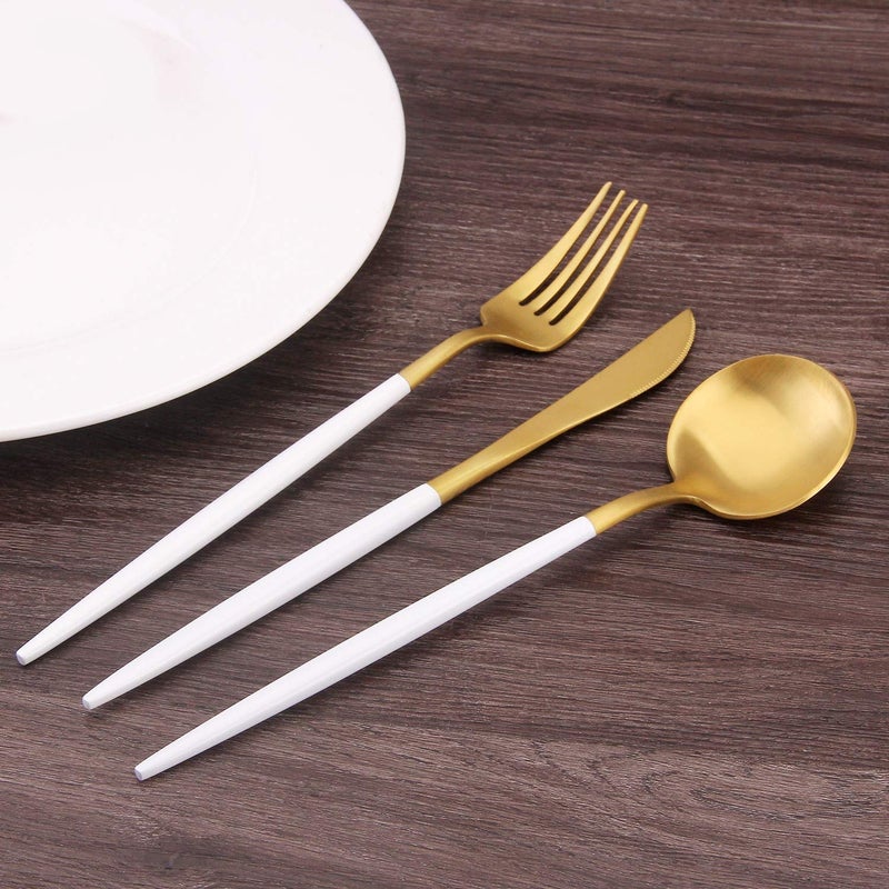 Bysta Matte Gold Silverware Set with white handle, Bysta 5-Piece Stainless Steel Flatware Set, Kitchen Utensil Set Service for 1, Tableware Cutlery Set for Home and Restaurant, Satin Finish, Dishwasher Safe - Image 5